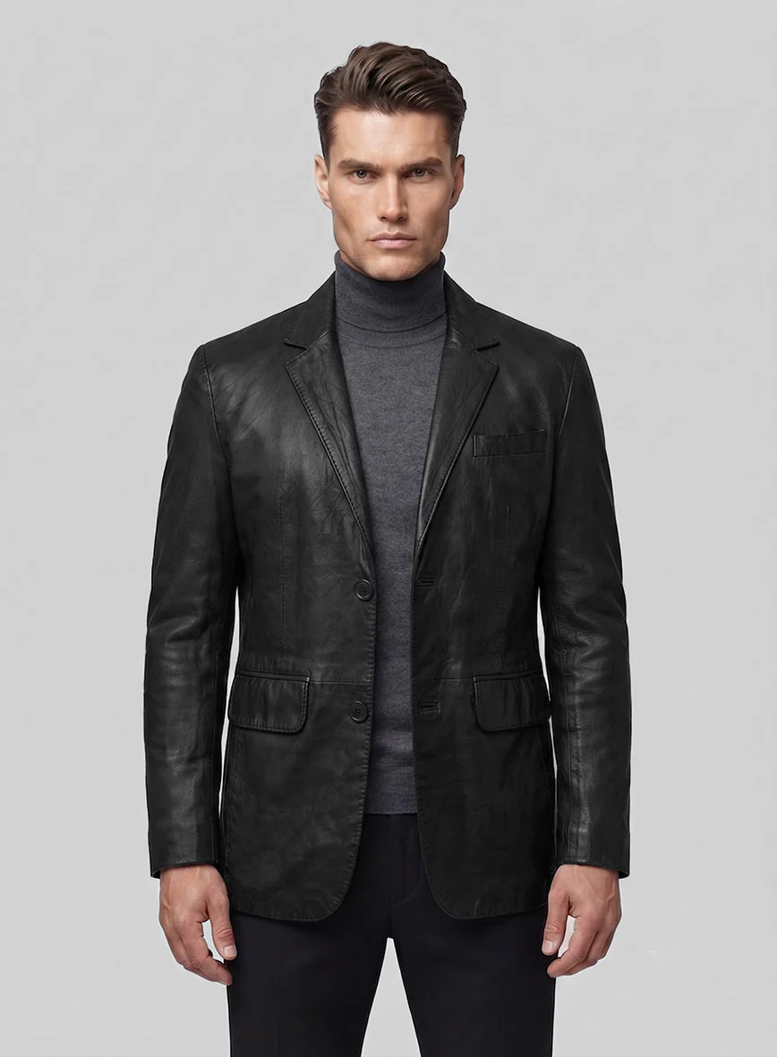 Black Washed and Wax Leather Blazer - Image 5