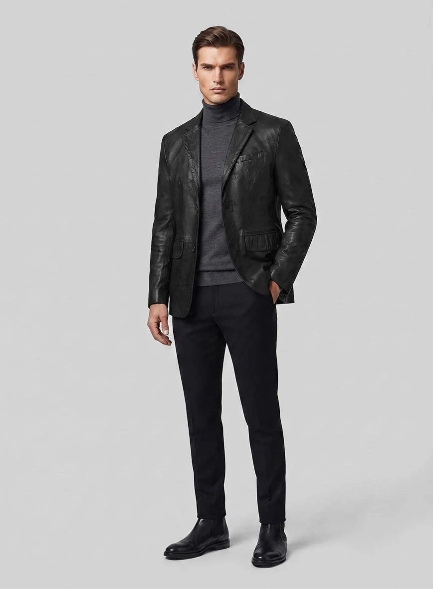 Black Washed and Wax Leather Blazer - Image 6