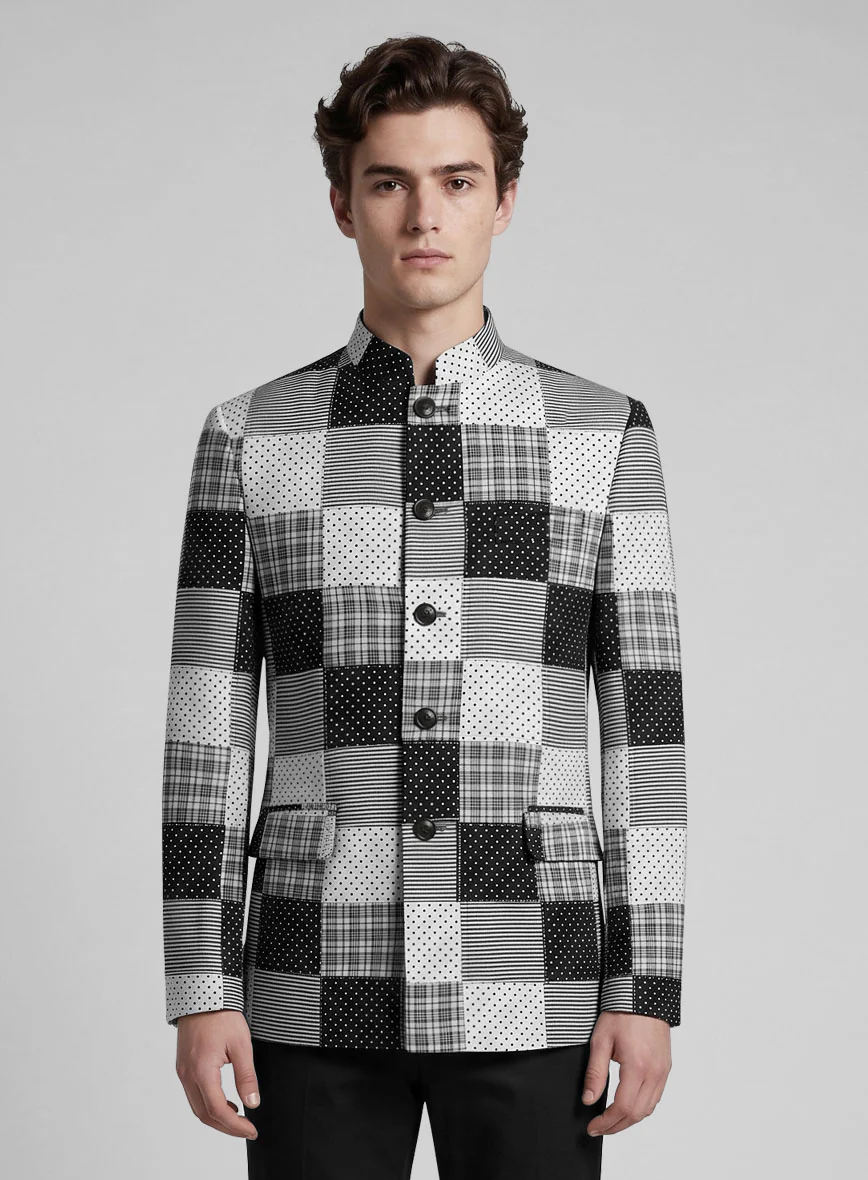 Black & White Madras Patchwork Nehru Jacket - Image 2