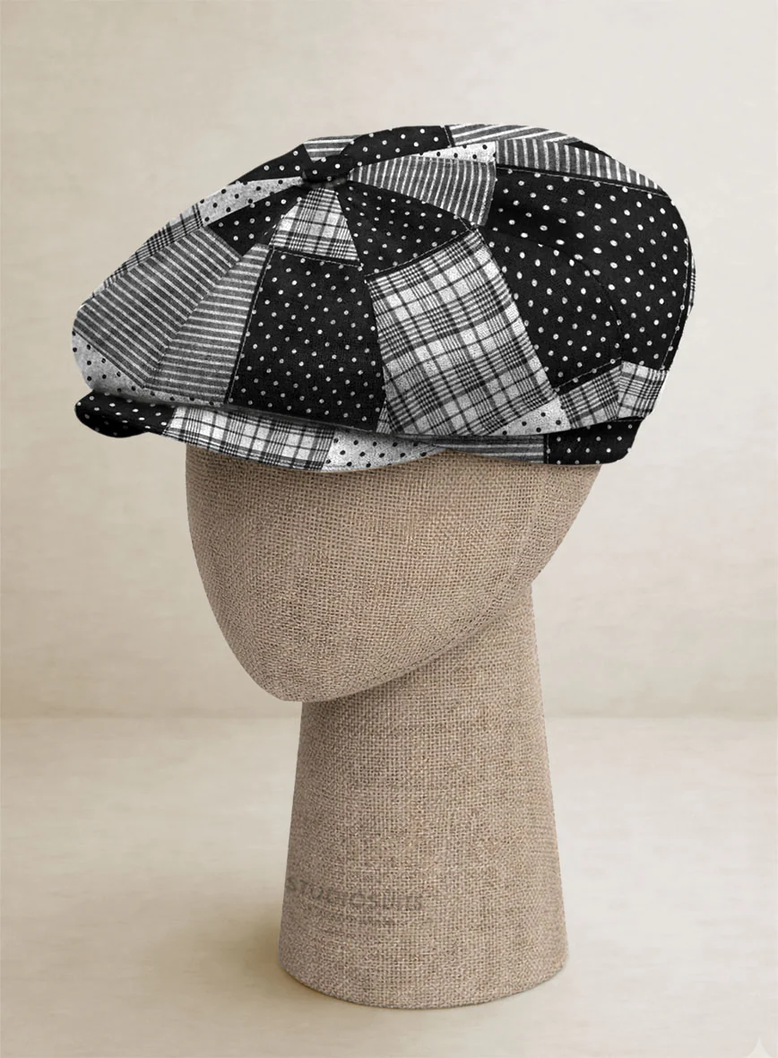 Black & White Madras Patchwork Newsboy Cap - Image 3