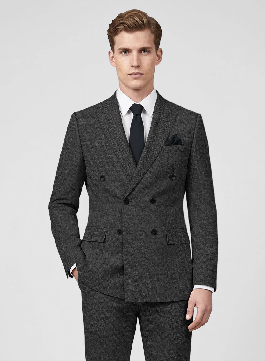 Charcoal Herringbone Tweed Double Breasted Suit - Image 3