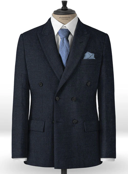 Deep Blue Herringbone Tweed Double Breasted Jacket