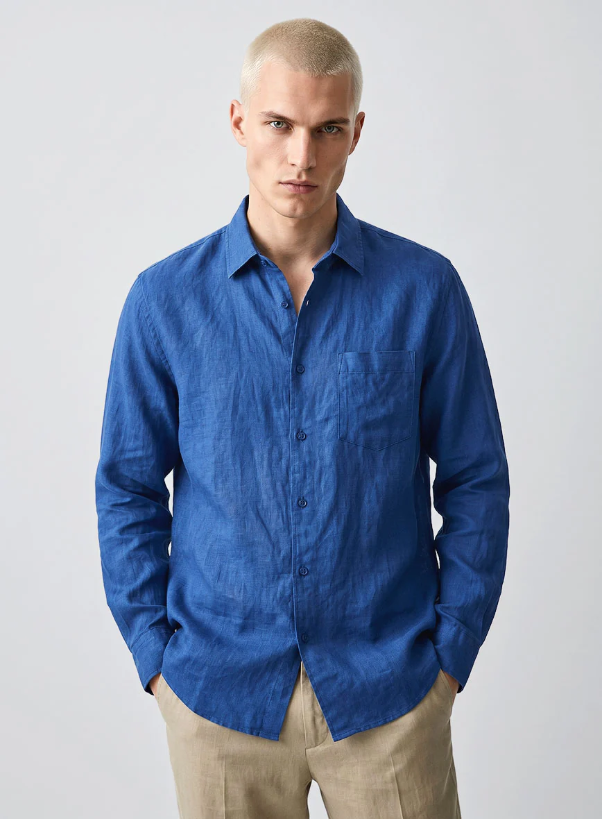 European Sapphire Blue Linen Shirt