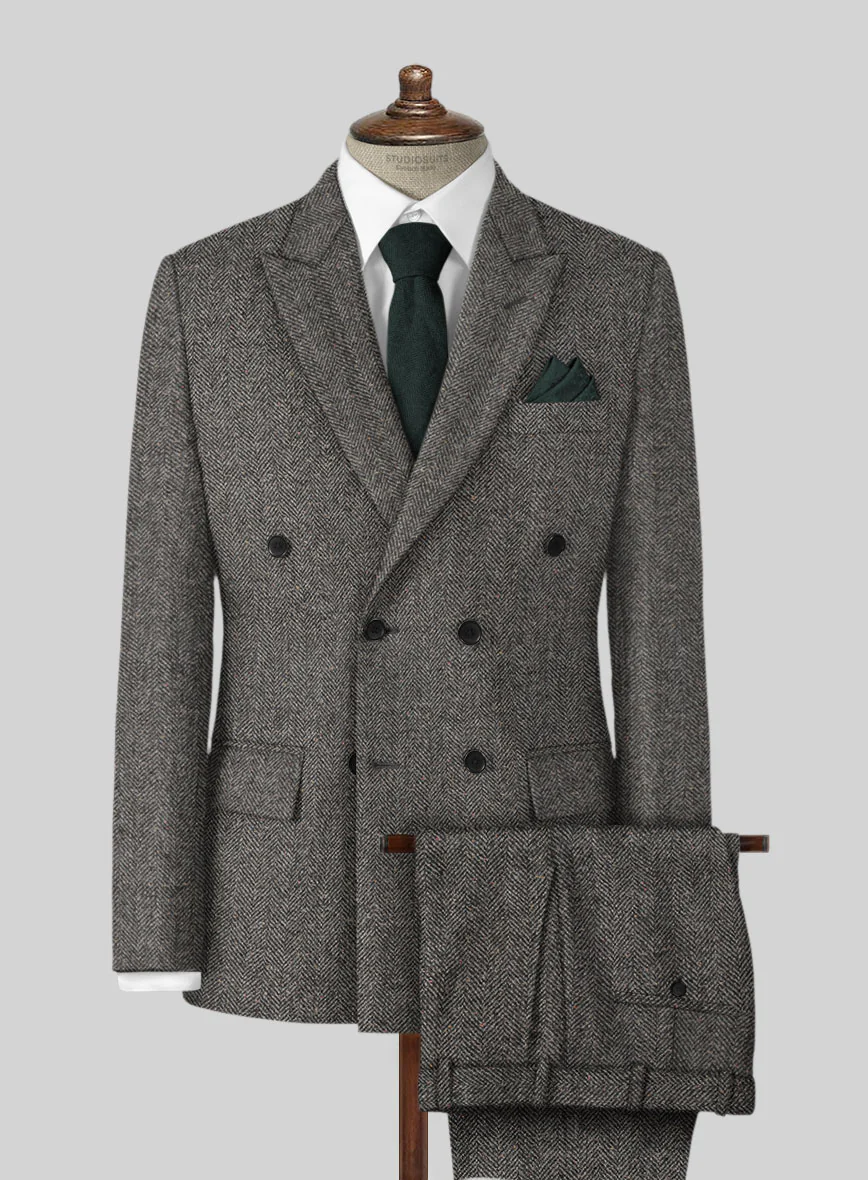 Gray Herringbone Flecks Donegal Tweed Double Breasted Suit - Image 2