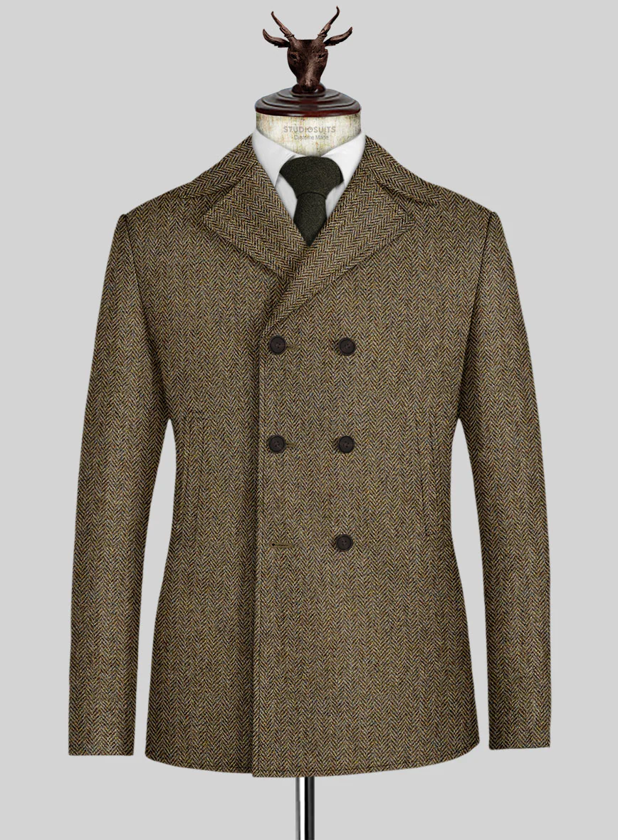 Harris Tweed Hebridean Brown Herringbone Pea Coat