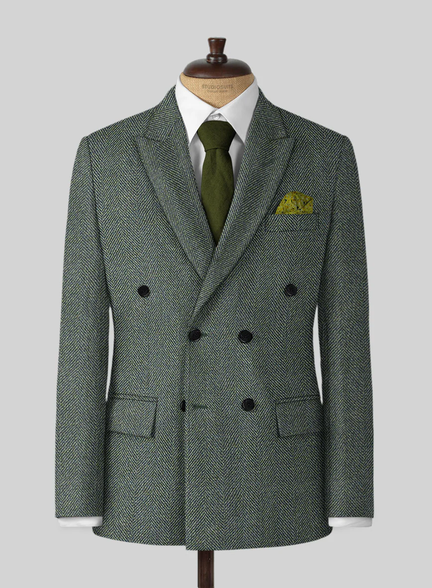 Harris Tweed Wide Herringbone Green Double Breasted Jacket