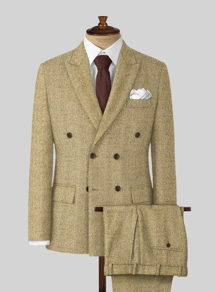 Highlander Heavy Beige Herringbone Tweed Double Breasted Suit