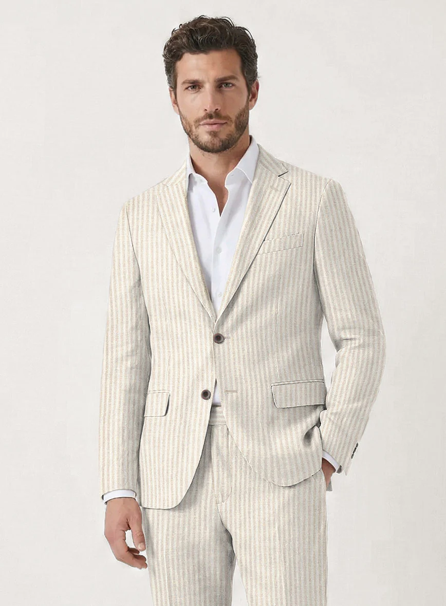 Italian Prato Beige Pinstripe Linen Jacket - Image 2