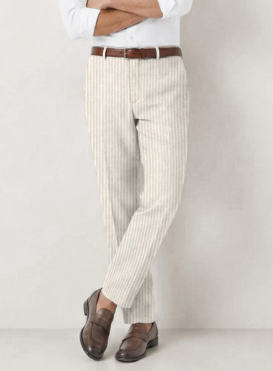 Italian Prato Beige Pinstripe Linen Pants