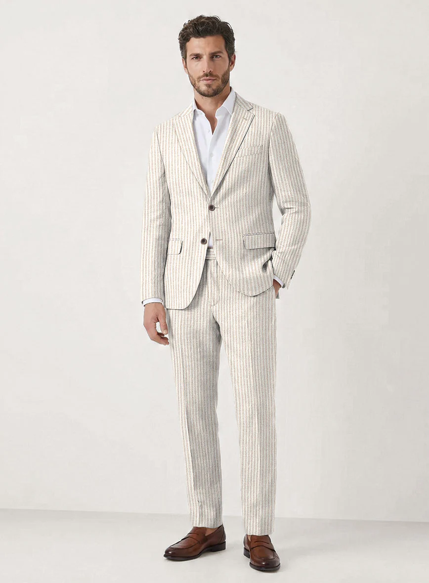 Italian Prato Beige Pinstripe Linen Suit