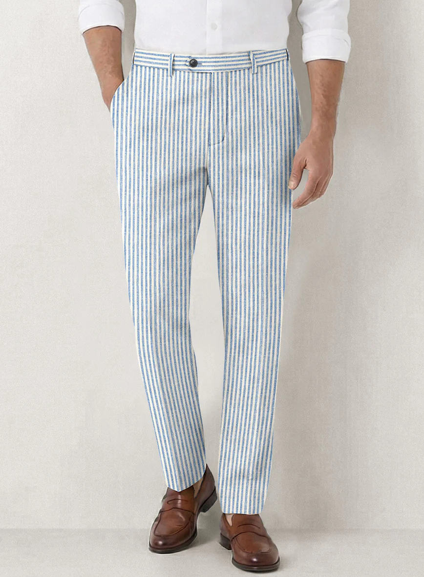 Italian Prato Blue Pinstripe Linen Pants