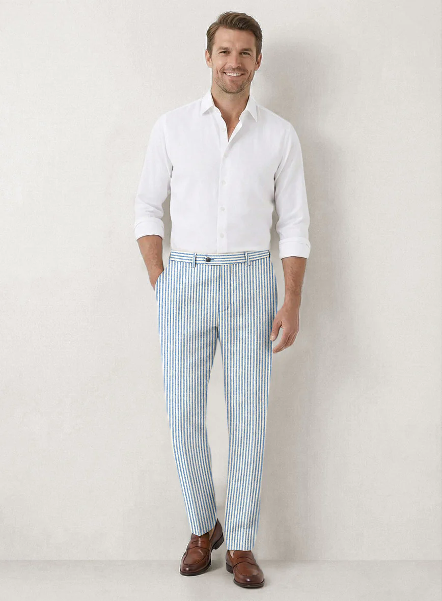 Italian Prato Blue Pinstripe Linen Pants - Image 3