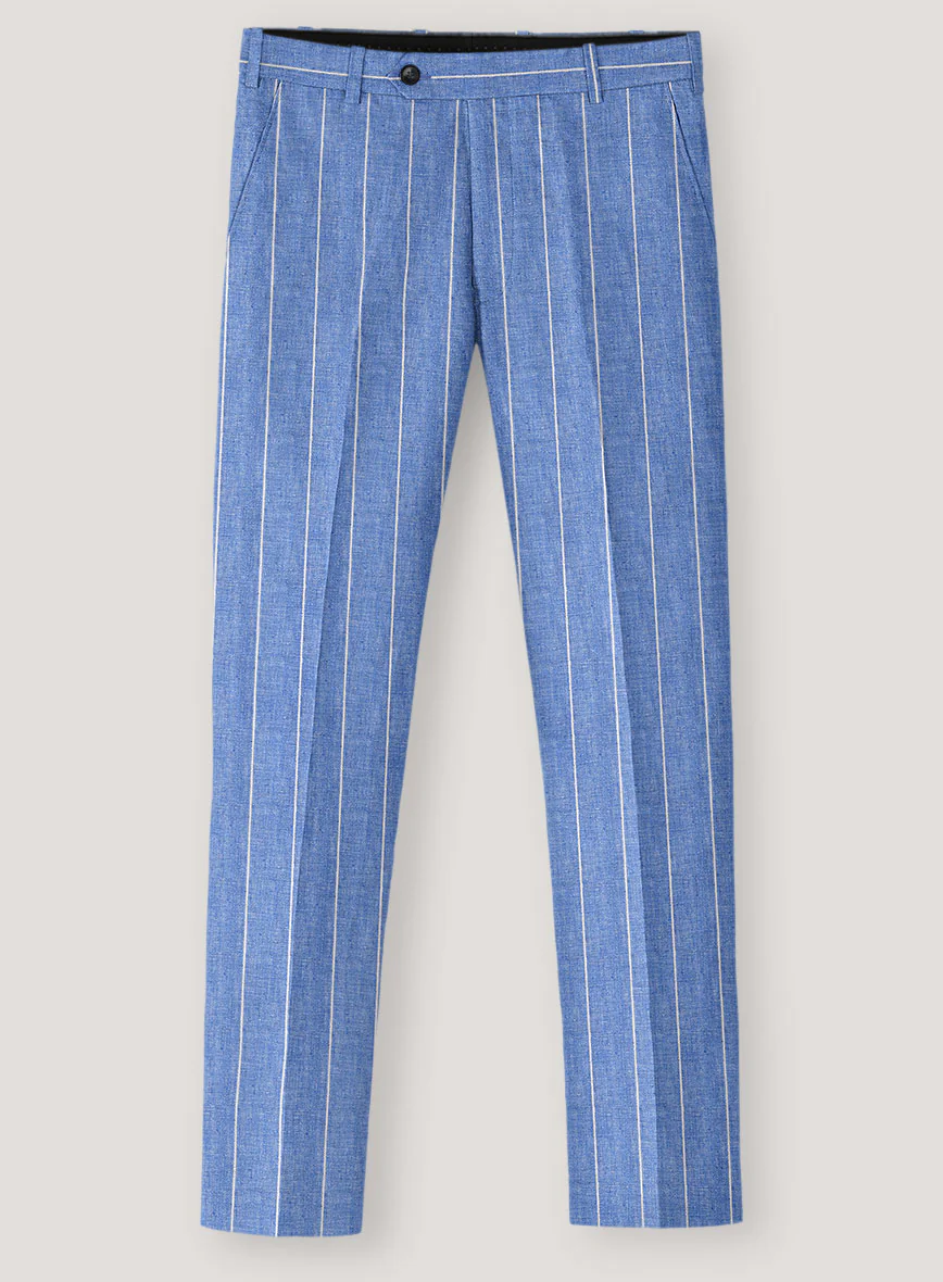 Italian Prato Blue Wide Stripe Linen Pants - Image 2