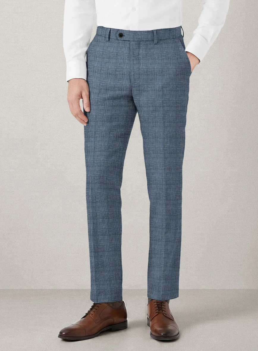 Italian Prato Cobalt Blue Check Linen Pants