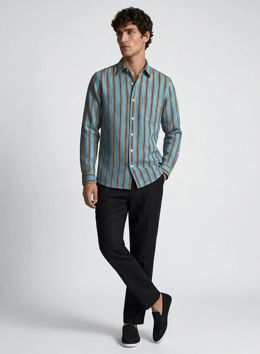 Italian Striped Blue Summer Linen Shirt - Image 4