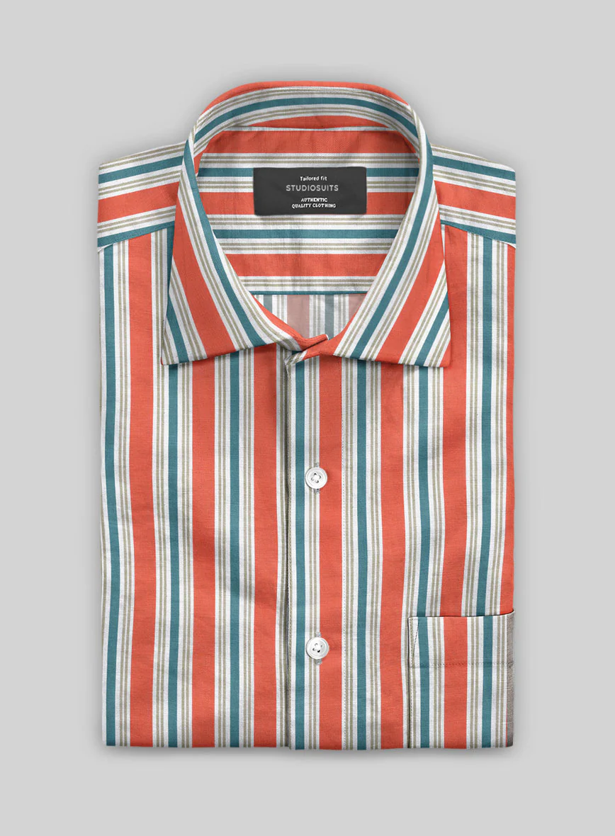 Italian Striped Neon Peach Summer Linen Shirt - Image 2
