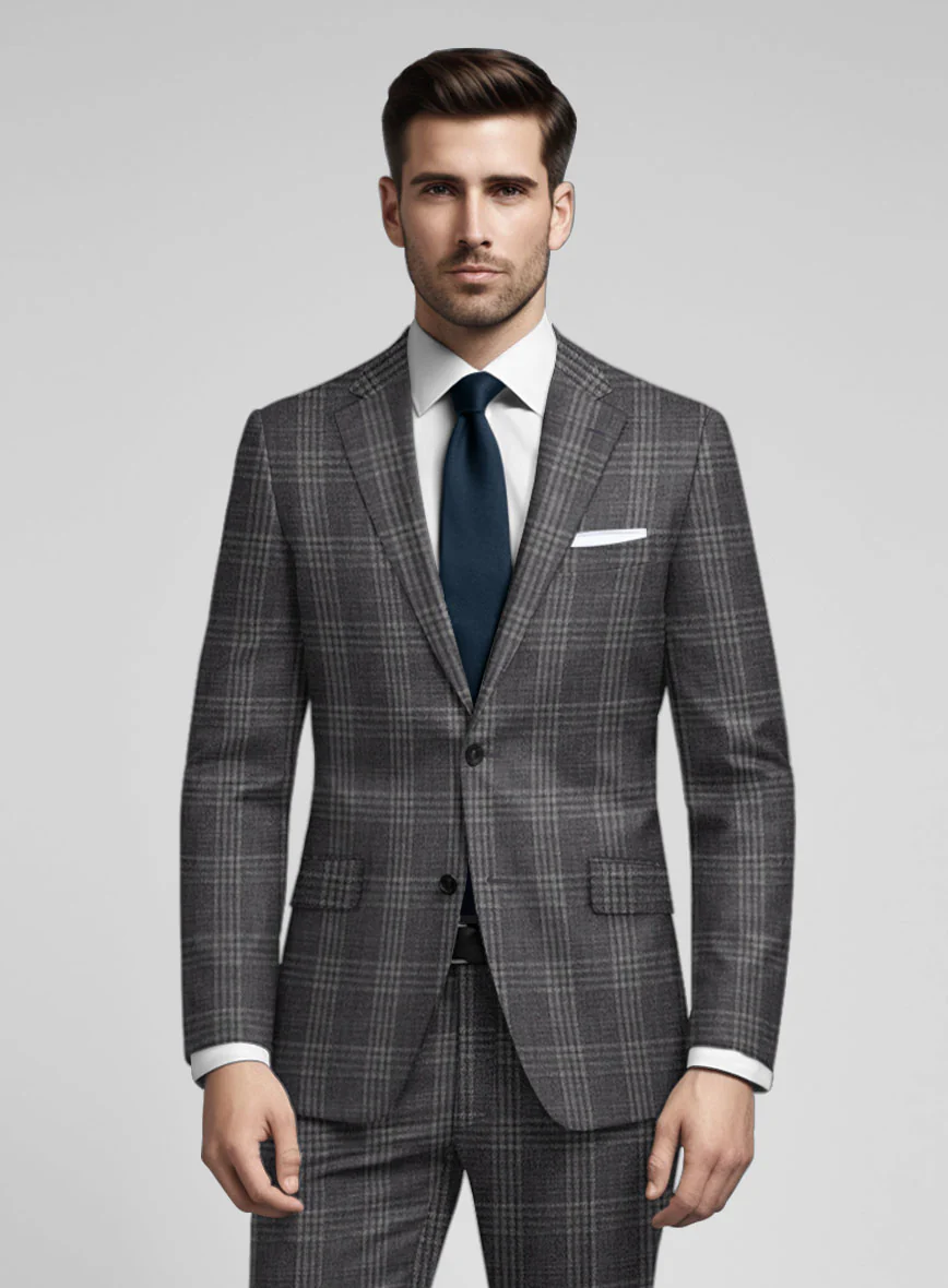 Noble Dark Gray Check Wool Silk Linen Suit - Image 3