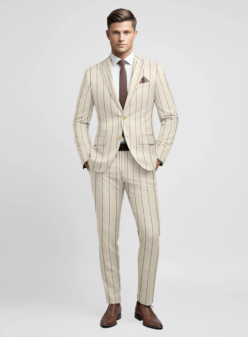 Noble Rosaria Cream Stripe Cotton Silk Linen Suit