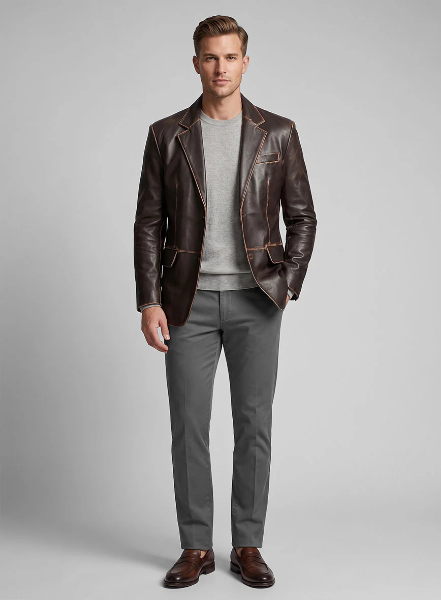 Rubbed Brown Leather Blazer - Image 5
