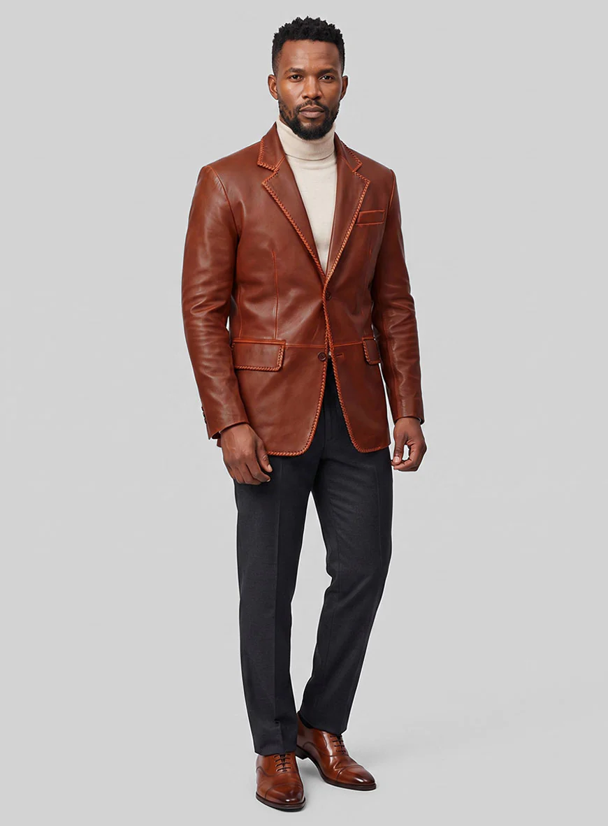 Rubbed Tan Brown Medieval Leather Blazer - Image 5