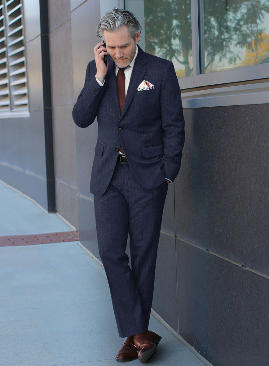 Scabal Tornado Herringbone Navy Blue Wool Suit - Image 2