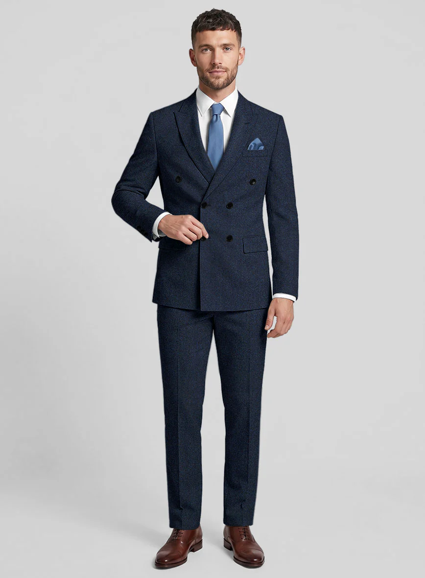 Showman Blue Herringbone Tweed Double Breasted Suit