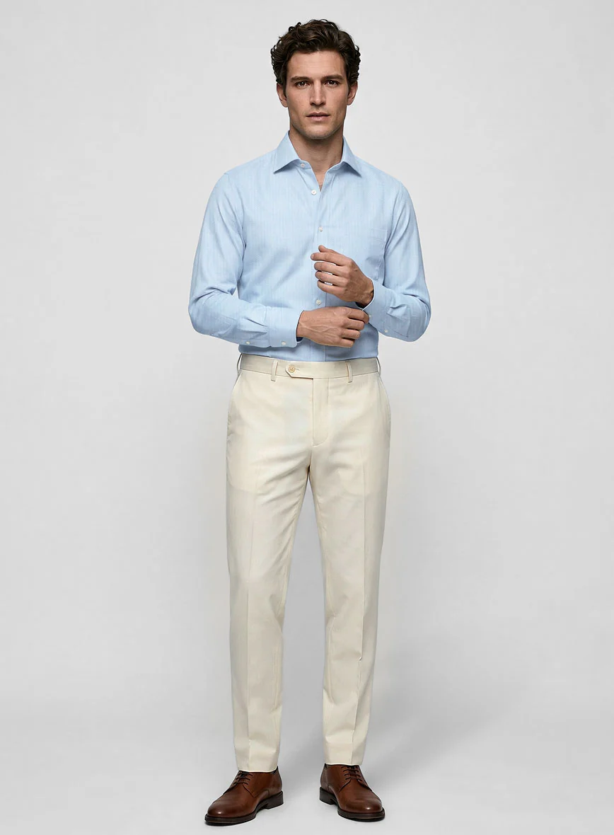 Sky Blue Herringbone Cotton Shirt - Image 4