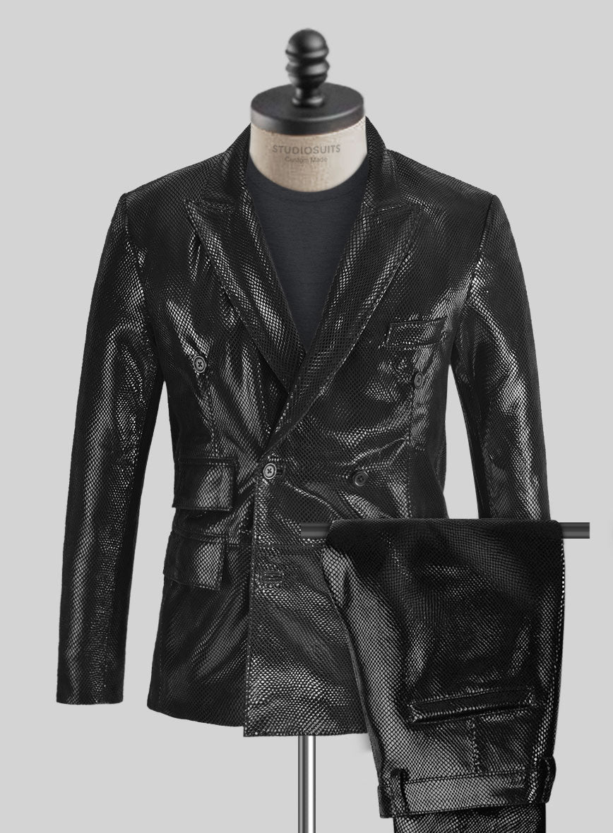 Snake Embossed Black Double Breasted Leather Suit - Image 2