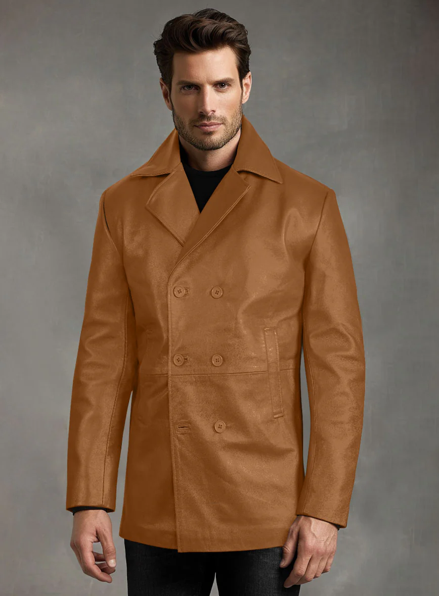 Bella Brown Lambskin Leather Pea Coat - Image 3