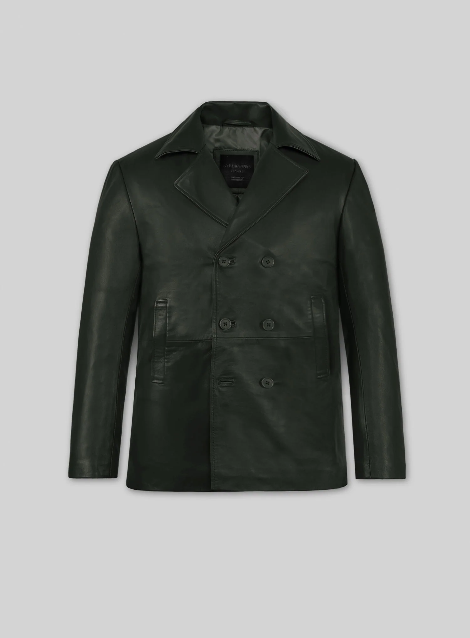 Deep Olive Lambskin Leather Pea Coat