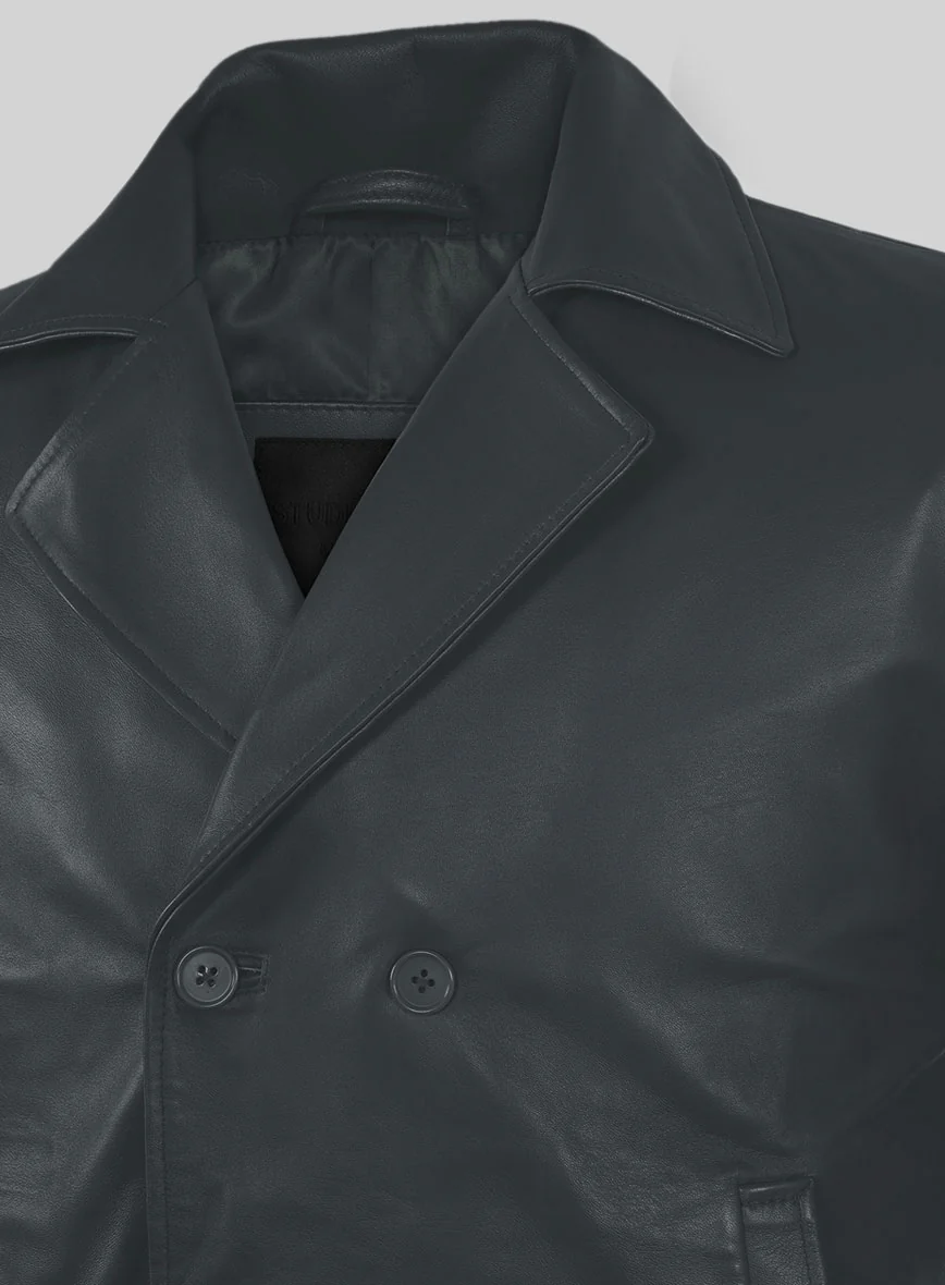 Gray Lambskin Leather Pea Coat - Image 2