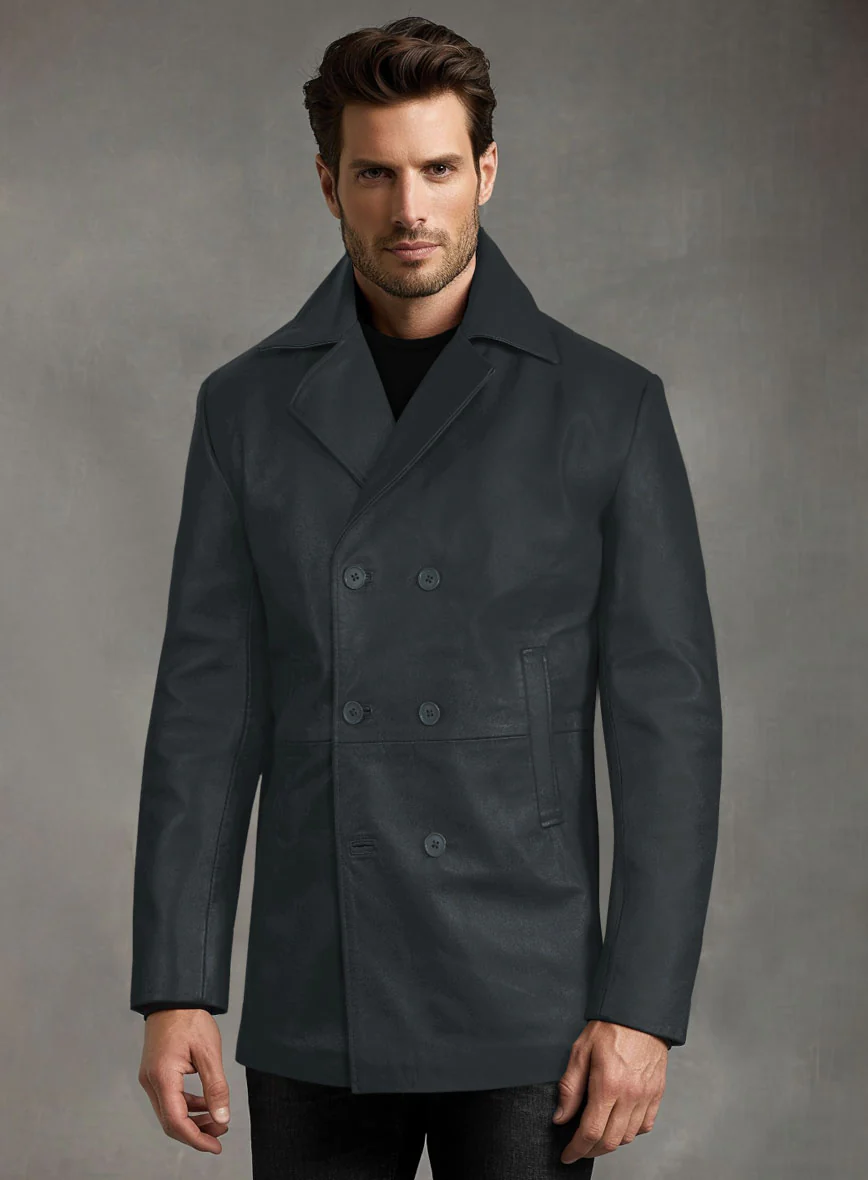 Gray Lambskin Leather Pea Coat - Image 6