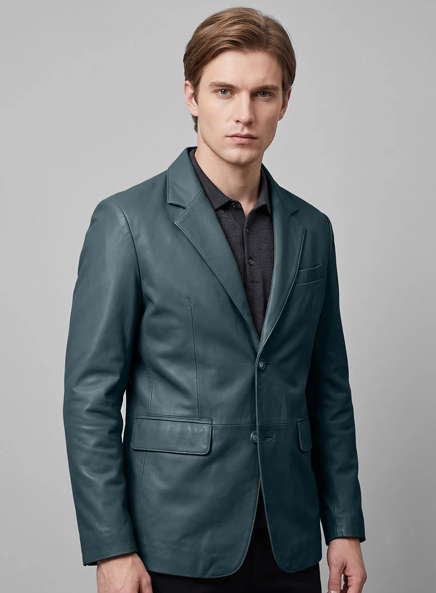 Prussian Blue Lambskin Leather Blazer - Image 2