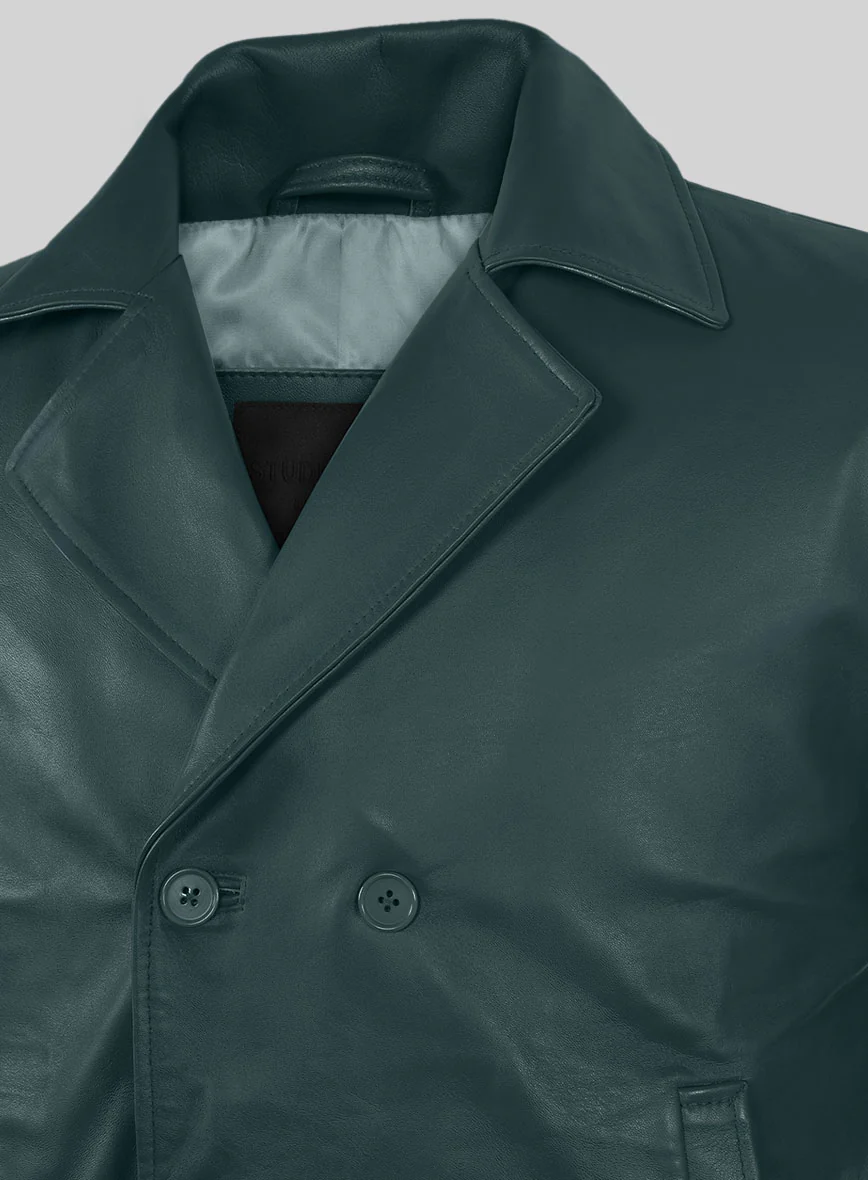 Prussian Blue Lambskin Leather Pea Coat - Image 4