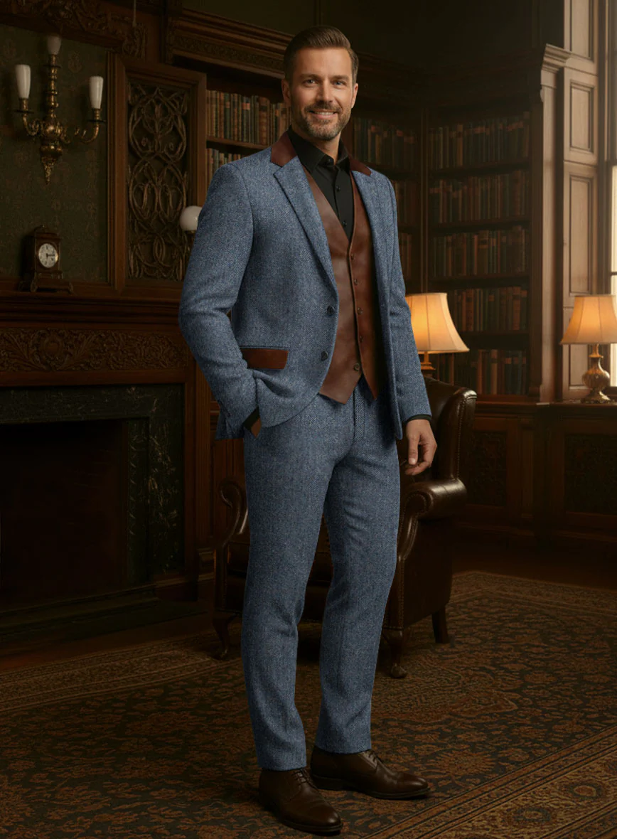 Vintage Herringbone Blue Tweed Suit - Leather Trims