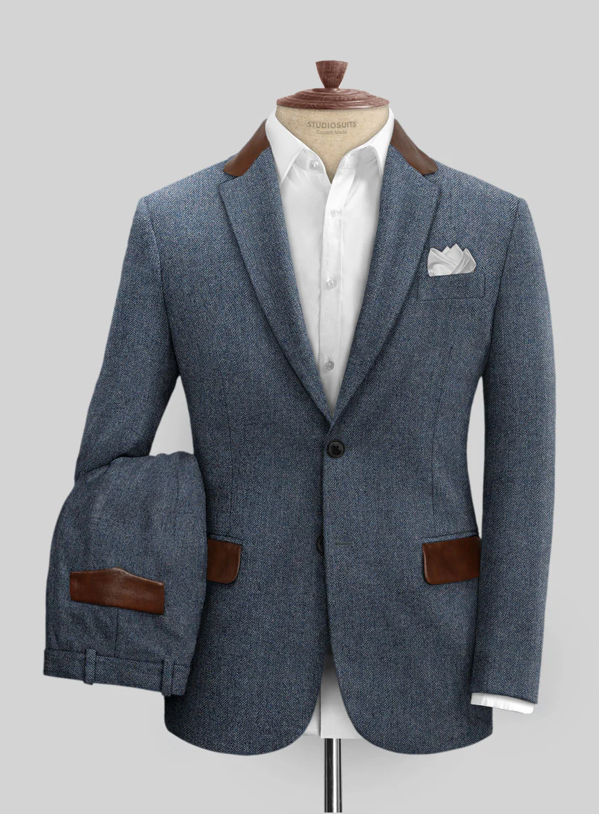 Vintage Herringbone Blue Tweed Suit - Leather Trims - Image 2