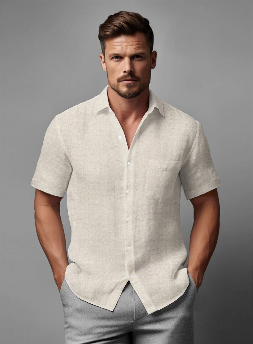 Washed Light Beige Linen Shirt - Image 2